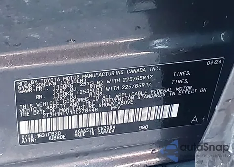 2024 Toyota Rav4 Le из США, поврежденный, VIN 2T3H1RFV1RC276446